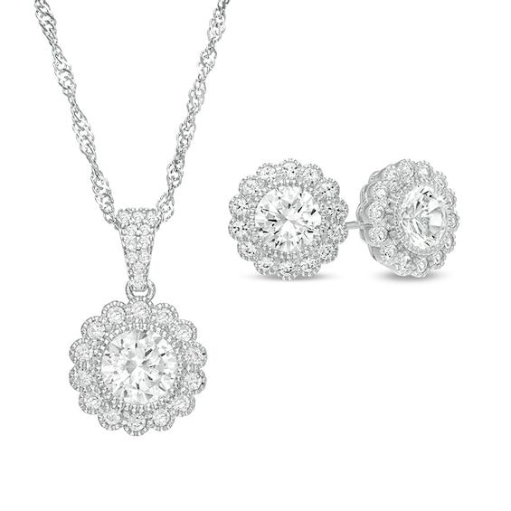 Previously Owned - 6.5mm Lab-Created White Sapphire Flower Stud Earrings and Pendant Set in Sterling Silver