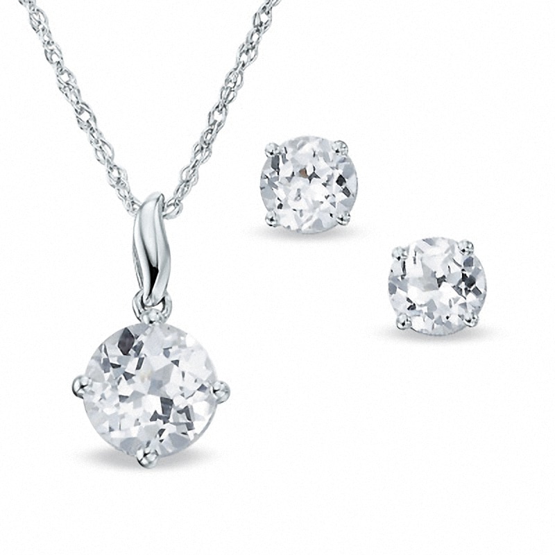 Previously Owned - Lab-Created White Sapphire Stud Earrings and Pendant Set in Sterling Silver|Peoples Jewellers