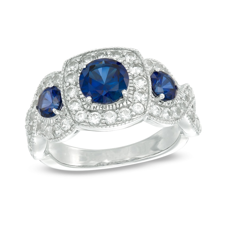 Previously Owned - Lab-Created Blue and White Sapphire Frame Three Stone Ring in Sterling Silver