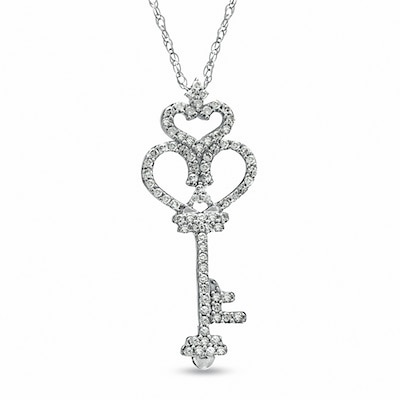 Previously Owned - 0.16 CT. T.W. Diamond Crowned Heart-Top Key Pendant in 10K White Gold