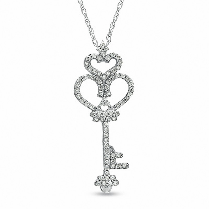 Previously Owned - 0.16 CT. T.W. Diamond Crowned Heart-Top Key Pendant in 10K White Gold|Peoples Jewellers