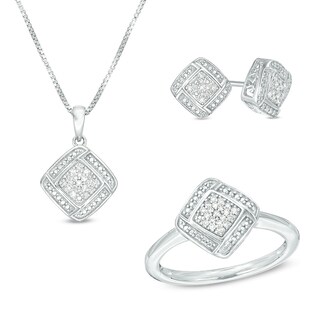 Previously Owned - 0.17 CT. T.W. Composite Diamond Cushion Weave Frame Pendant, Stud Earrings and Ring Set