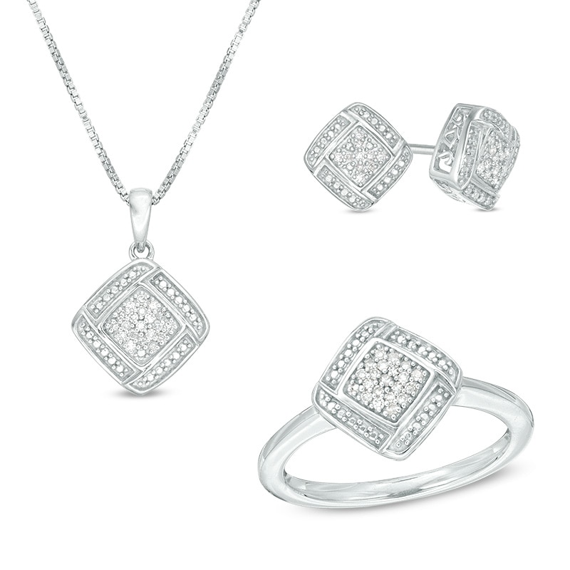Previously Owned - 0.17 CT. T.W. Composite Diamond Cushion Weave Frame Pendant, Stud Earrings and Ring Set|Peoples Jewellers