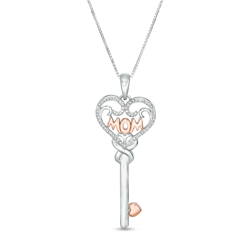 Previously Owned - 0.09 CT. T.W. Diamond "MOM" Heart-Top Key Pendant in Sterling Silver and 10K Rose Gold