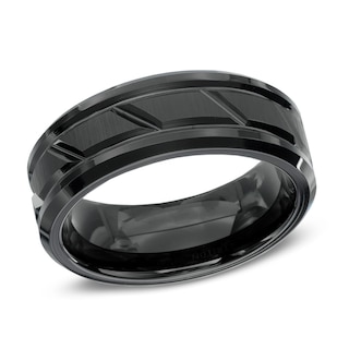 Previously Owned - Triton Men's 8.0mm Comfort Fit Black Tungsten Beveled Edge Groove Wedding Band