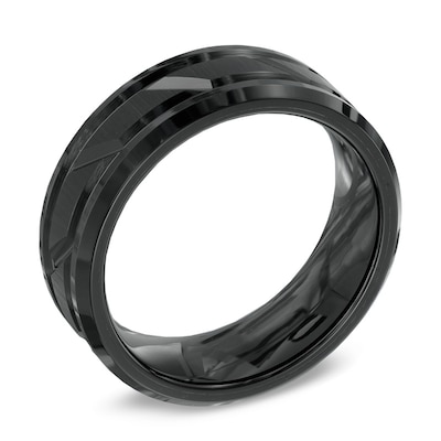 Previously Owned - Triton Men's 8.0mm Comfort Fit Black Tungsten Beveled Edge Groove Wedding Band