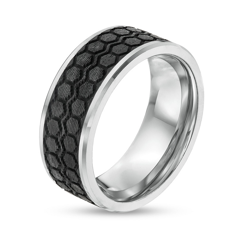Previously Owned - Men's 10.0mm Tire Tread Carbon Fibre Inlay Wedding Band in Tungsten|Peoples Jewellers
