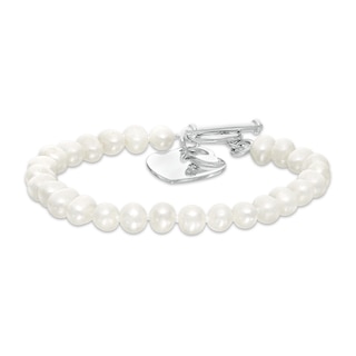 Previously Owned-5.0-6.0mm Freshwater Cultured Pearl Strand Bracelet with Sterling Silver Heart Charm-7.5"