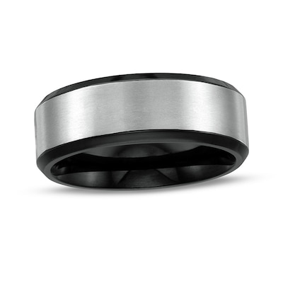 Previously Owned - Men's 8.0mm Brushed Beveled Edge Comfort-Fit Wedding Band in Titanium and Black IP