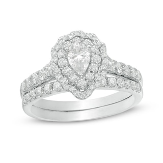 Previously Owned - 1.00 CT. T.W. Pear-Shaped Diamond Scallop Frame Bridal Set in 14K White Gold