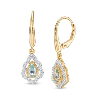 Previously Owned - Pear-Shaped Swiss Blue Topaz and 0.18 CT. T.W. Diamond Scallop Frame Drop Earrings in 10K Gold