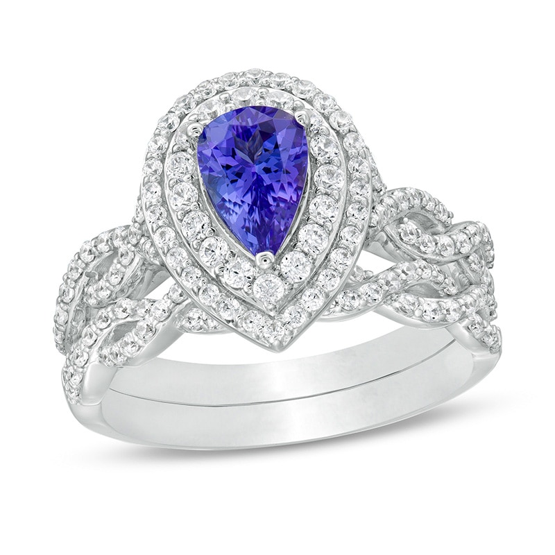 Previously Owned - Pear-Shaped Tanzanite and 0.63 CT. T.W. Diamond Double Frame Twist Shank Bridal Set in 14K White Gold|Peoples Jewellers