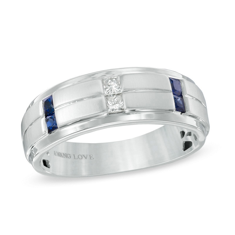 Previously Owned Vera Wang Love Collection Men's 0.12 CT. T.W. Square Diamond and Blue Sapphire Band in 14K White Gold|Peoples Jewellers