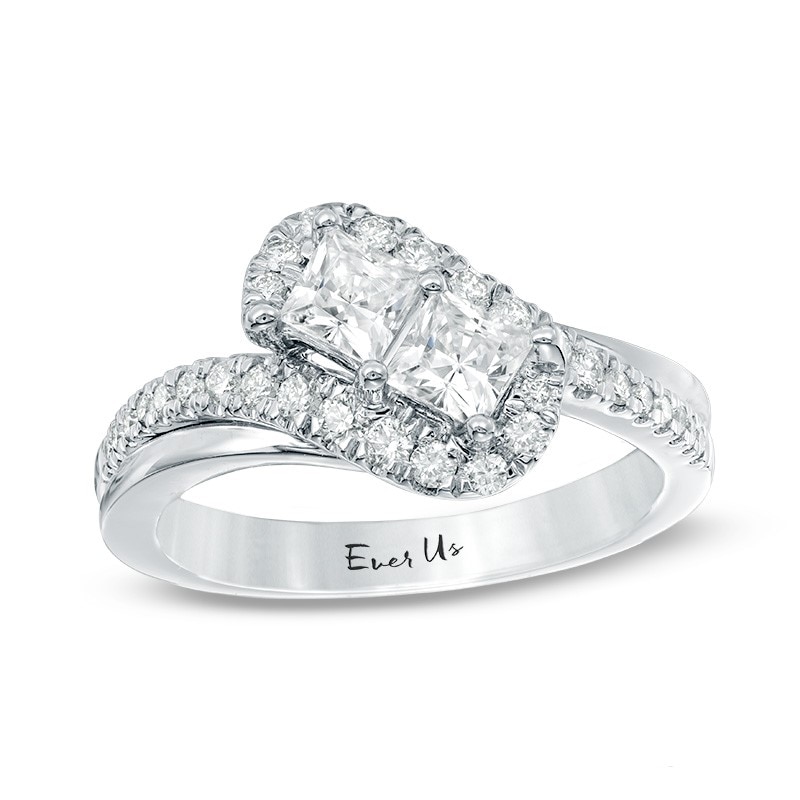 Previously Owned - Ever Us™ 1.00 CT. T.W. Two-Stone Princess-Cut Diamond Tilted Bypass Frame Ring in 14K White Gold|Peoples Jewellers