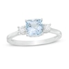 Previously Owned - 6.0mm Cushion-Cut Aquamarine and White Lab-Created Sapphire Three Stone Ring in Sterling Silver