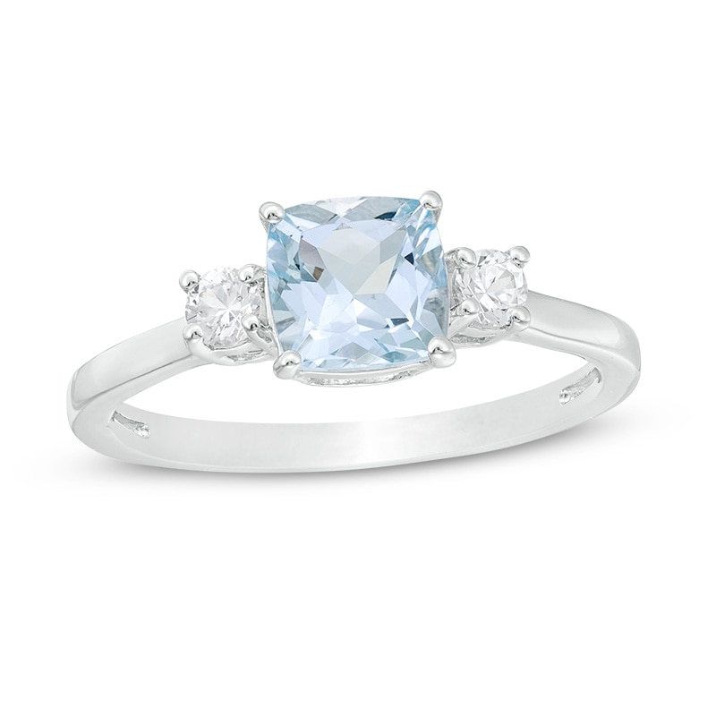 Previously Owned - 6.0mm Cushion-Cut Aquamarine and White Lab-Created Sapphire Three Stone Ring in Sterling Silver|Peoples Jewellers