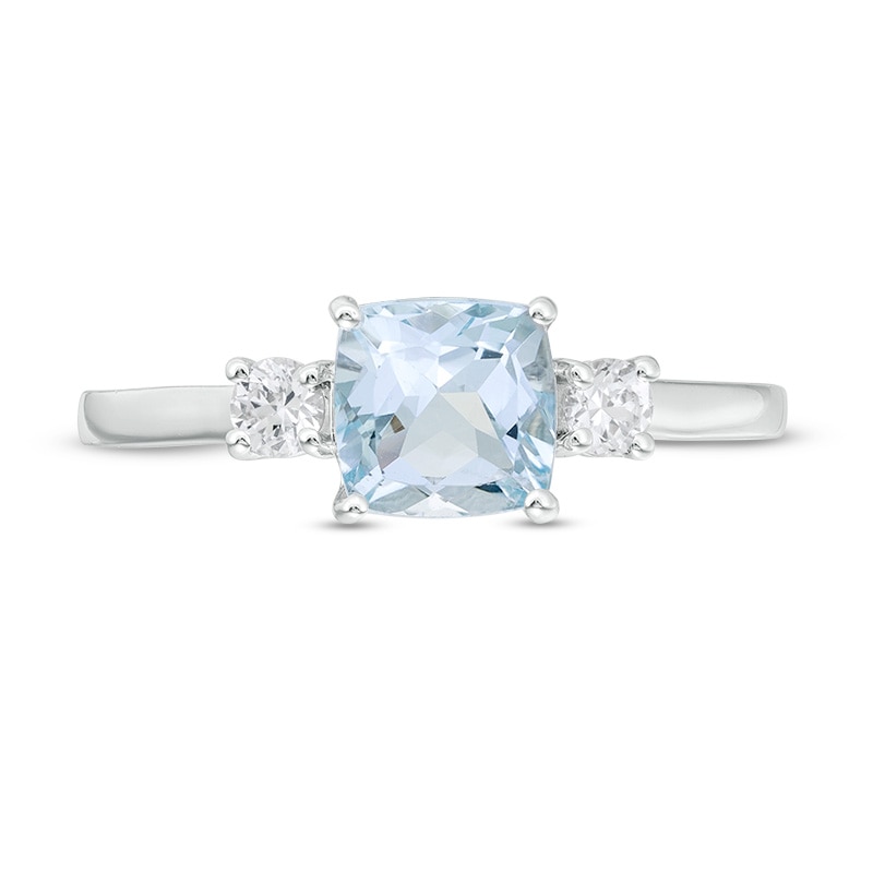 Previously Owned - 6.0mm Cushion-Cut Aquamarine and White Lab-Created Sapphire Three Stone Ring in Sterling Silver|Peoples Jewellers