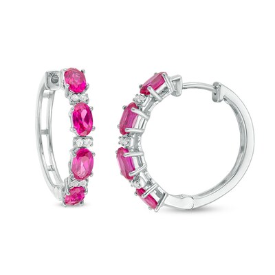 Previously Owned - Oval Lab-Created Ruby and White Sapphire Hoop Earrings in Sterling Silver