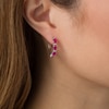 Thumbnail Image 1 of Previously Owned - Oval Lab-Created Ruby and White Sapphire Hoop Earrings in Sterling Silver