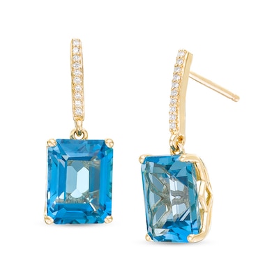 Previously Owned - Emerald-Cut London Blue Topaz and 0.04 CT. T.W. Diamond Drop Earrings in 10K Gold