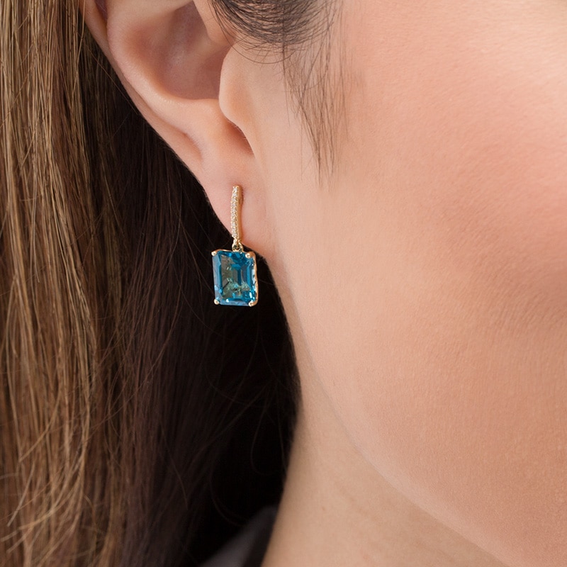 Previously Owned - Emerald-Cut London Blue Topaz and 0.04 CT. T.W. Diamond Drop Earrings in 10K Gold