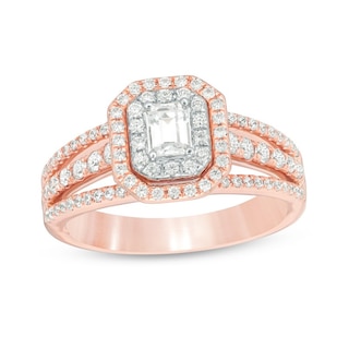 Previously Owned - Celebration Ideal 1.00 CT. T.W. Emerald-Cut Diamond Double Frame Engagement Ring in 14K Rose Gold