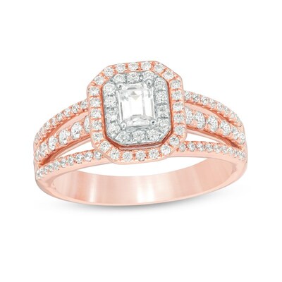 Previously Owned - Celebration Ideal 1.00 CT. T.W. Emerald-Cut Diamond Double Frame Engagement Ring in 14K Rose Gold