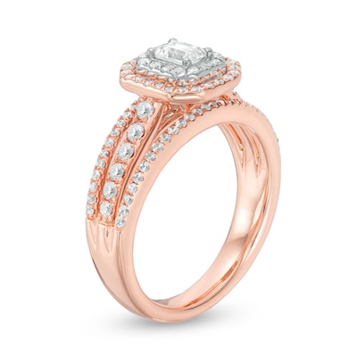 Previously Owned - Celebration Ideal 1.00 CT. T.W. Emerald-Cut Diamond Double Frame Engagement Ring in 14K Rose Gold