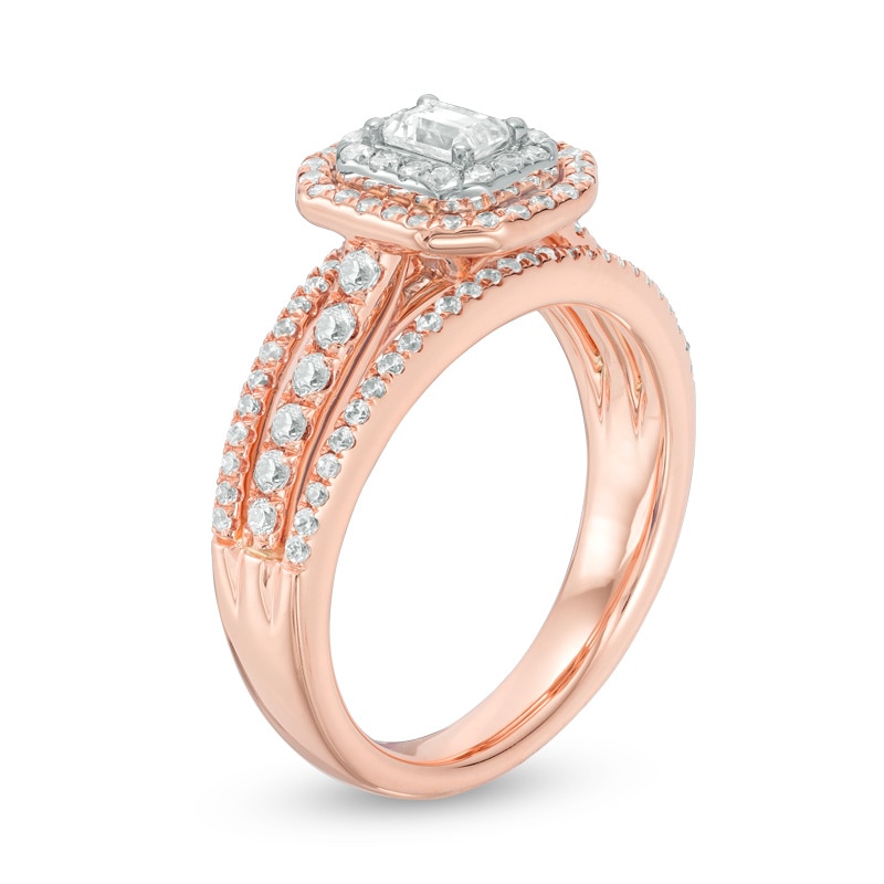 Previously Owned - Celebration Ideal 1.00 CT. T.W. Emerald-Cut Diamond Double Frame Engagement Ring in 14K Rose Gold|Peoples Jewellers