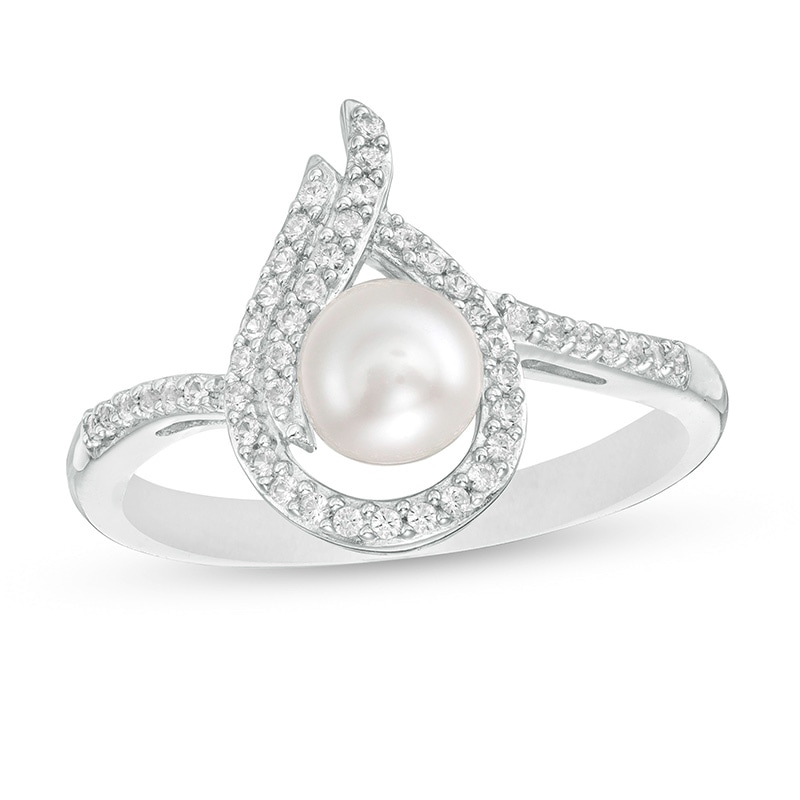 Previously Owned-5.0mm Button Freshwater Cultured Pearl and Lab-Created White Sapphire Flame Ring in Sterling Silver|Peoples Jewellers