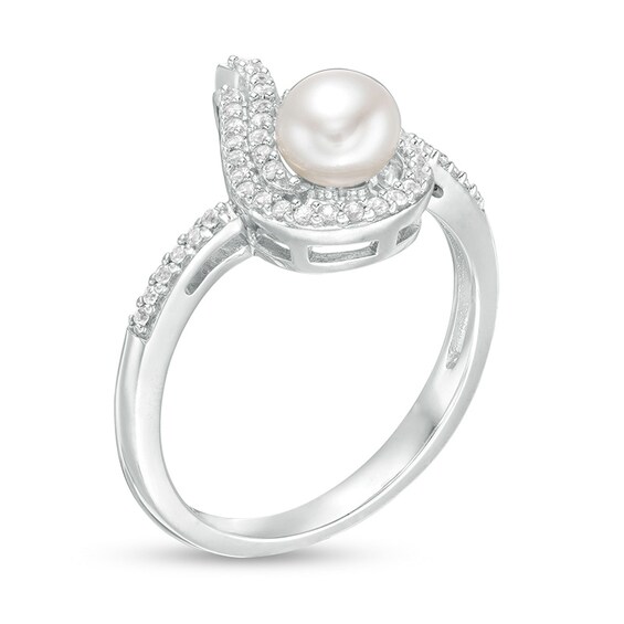 Previously Owned-5.0mm Button Freshwater Cultured Pearl and Lab-Created White Sapphire Flame Ring in Sterling Silver