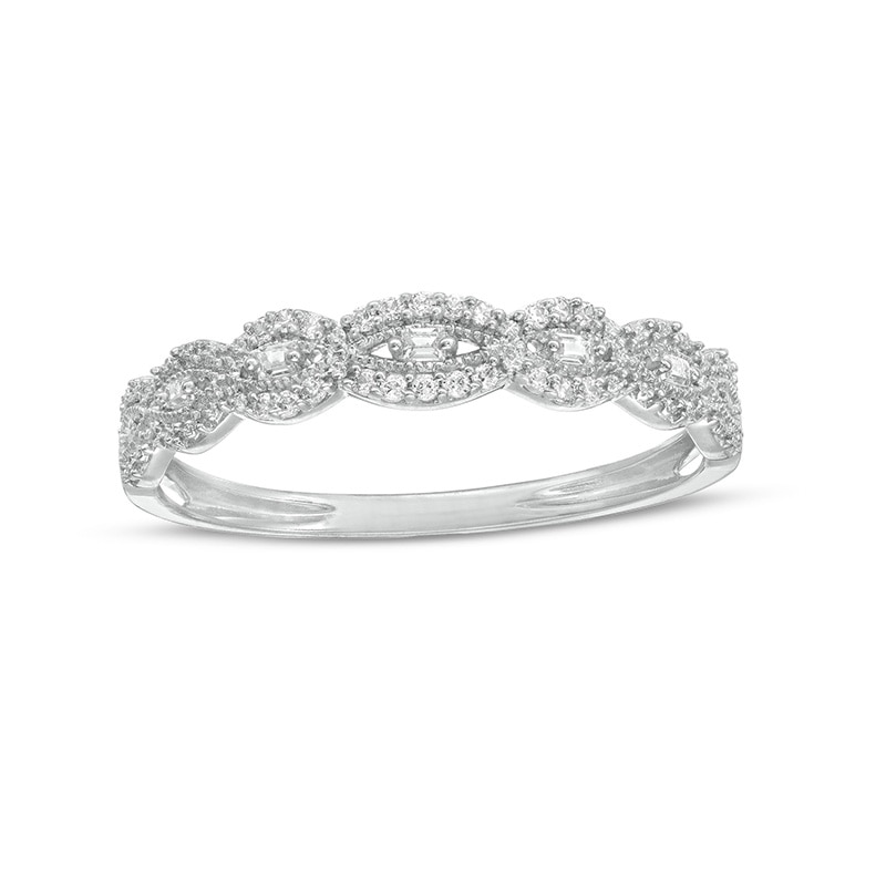 Main Image 1 of Previously Owned - 0.065 CT. T.W. Baguette and Round Diamond Vintage-Style Anniversary Band in 10K White Gold