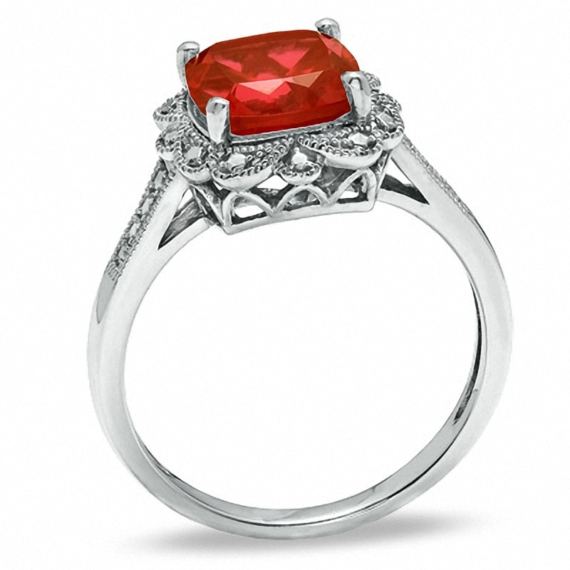 Previously Owned - 8.0mm Cushion-Cut Lab-Created Ruby Vintage-Style Ring in Sterling Silver
