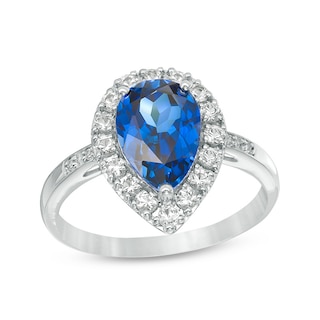 Previously Owned - Pear-Shaped Lab-Created Blue and White Sapphire Frame Ring in Sterling Silver