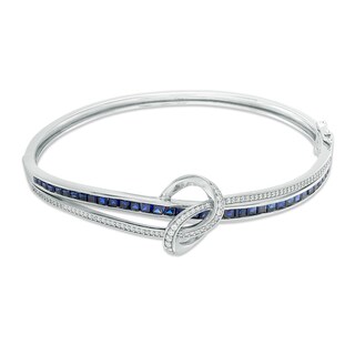 Previously Owned - Princess-Cut Lab-Created Blue and White Sapphire Loose Knot Bangle in Sterling Silver