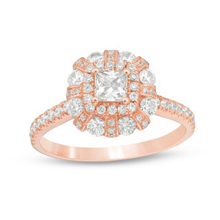 Previously Owned - 1.20 CT. T.W. Princess-Cut Diamond Flower Frame Engagement Ring in 14K Rose Gold