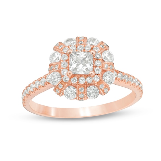 Previously Owned - 1.20 CT. T.W. Princess-Cut Diamond Flower Frame Engagement Ring in 14K Rose Gold