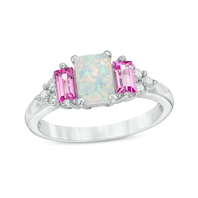 Previously Owned - Emerald-Cut Lab-Created Opal, Pink and White Sapphire Tri-Sides Three Stone Ring in Sterling Silver