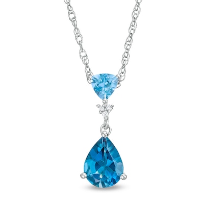 Previously Owned - London and Swiss Blue Topaz with Lab-Created White Sapphire Double Drop Pendant in Sterling Silver