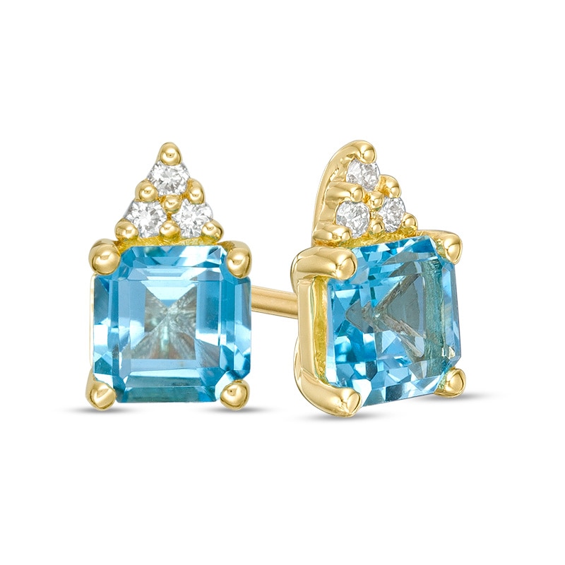 Previously Owned - 5.0mm Asscher-Cut Swiss Blue Topaz and 0.05 CT. T.W. Diamond Tri-Top Stud Earrings in 10K Gold|Peoples Jewellers