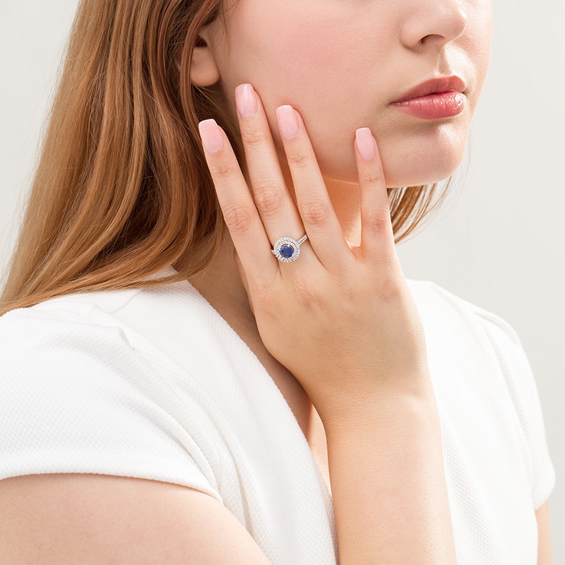 Main Image 2 of Previously Owned - 6.5mm Lab-Created Blue and White Sapphire Double Frame Ring in Sterling Silver