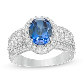 Previously Owned - Oval Lab-Created Blue and White Sapphire Frame Multi-Row Ring in Sterling Silver