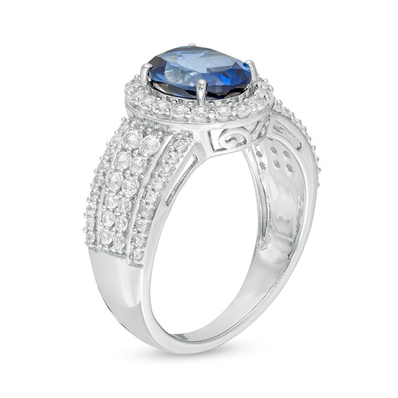 Previously Owned - Oval Lab-Created Blue and White Sapphire Frame Multi-Row Ring in Sterling Silver