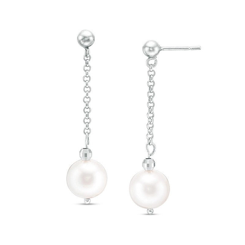 Previously Owned-IMPERIAL® 9.0-10.0mm Freshwater Cultured Pearl and Disco Bead Chain Drop Earrings in Sterling Silver