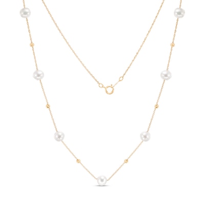 Previously Owned-IMPERIAL® 6.0-6.5mm Freshwater Cultured Pearl and Diamond-Cut Bead Station Necklace in 14K Gold