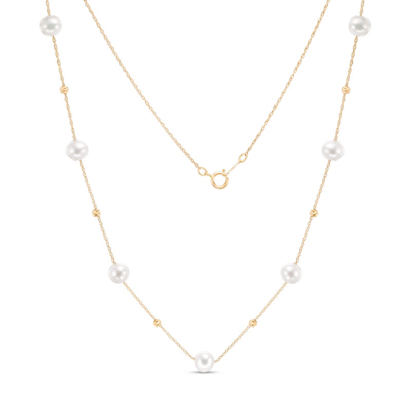 Previously Owned-IMPERIAL® 6.0-6.5mm Freshwater Cultured Pearl and Diamond-Cut Bead Station Necklace in 14K Gold|Peoples Jewellers