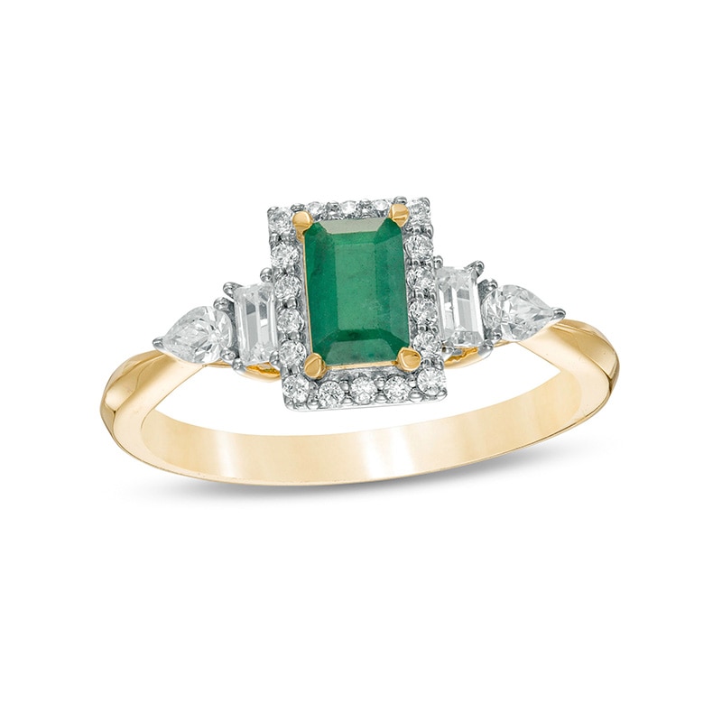 Previously Owned - Emerald-Cut Emerald and 0.33 CT. T.W. Diamond Frame Engagement Ring in 14K Gold