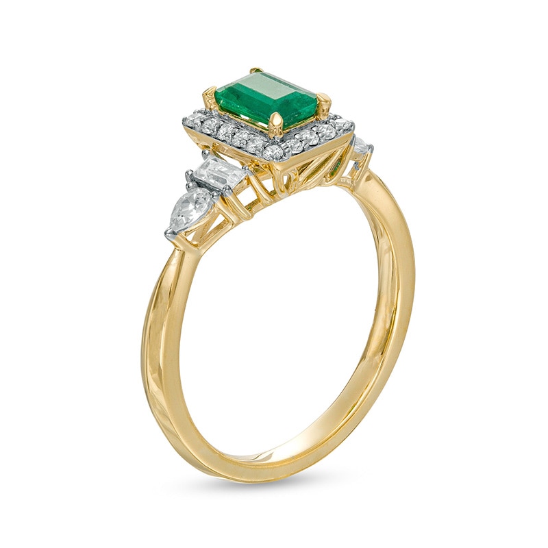 Previously Owned - Emerald-Cut Emerald and 0.33 CT. T.W. Diamond Frame Engagement Ring in 14K Gold