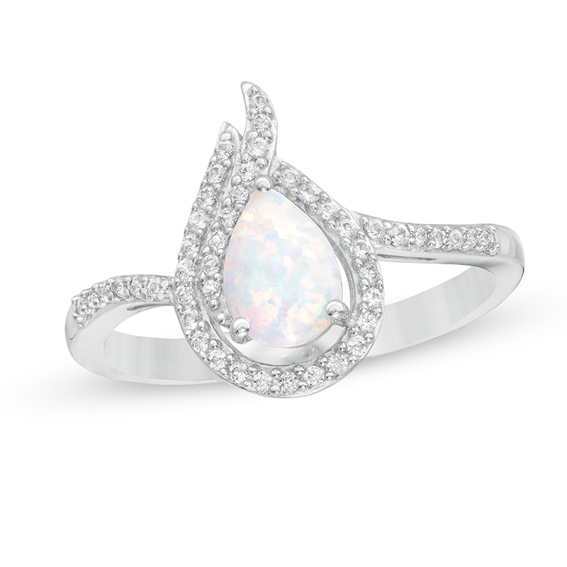 Main Image 1 of Previously Owned - Pear-Shaped Lab-Created Opal and White Sapphire Flame Ring in Sterling Silver