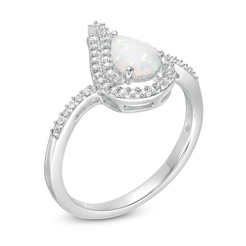 Main Image 3 of Previously Owned - Pear-Shaped Lab-Created Opal and White Sapphire Flame Ring in Sterling Silver